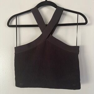 Love Tree Ribbed Crossover Halter Crop Top |‎ Black